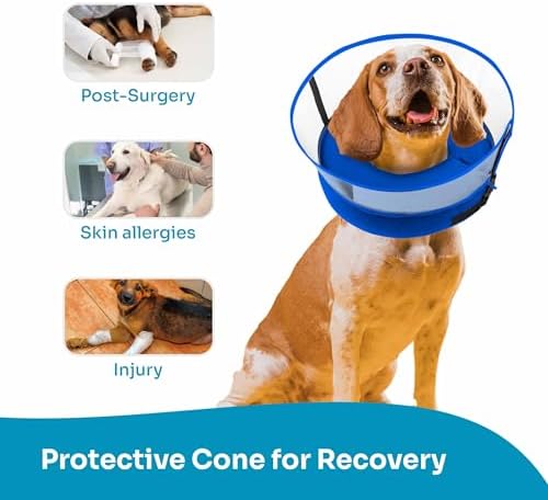 Dog Inflatable Neck Collar - Inflatable E Collar for Dogs - Comfortable Elizabethan Cone with Detachable Anti-Licking Shield - Dog Donut Cone - Doughnut for Dogs After Surgery (Blue, M)