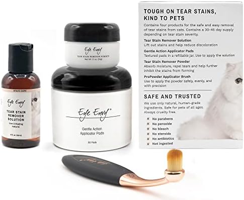 Eye Envy Cat Tear Stain Remover Starter Kit with ProPowder Brush. Stain Solution, Applicator Pads, Stain Powder, and Small Applicator Brush. Tear Stain Cleaning Kit. Lasts 30-45 Days. Made in USA.