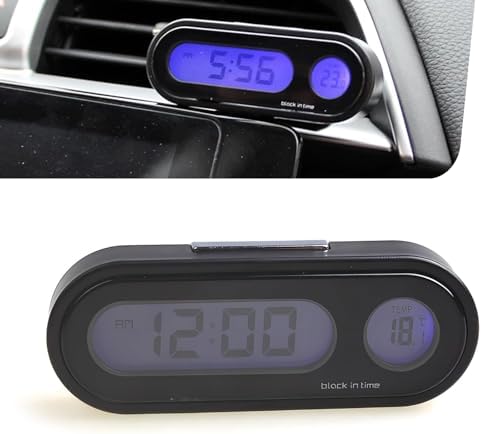 Car Clock, 2 in 1 Night-Lighting LED Screen with Temperature Display, Adjustable Angle Dashboard Clock with Fixed Base, Self-Adhesive Switchable 12/24-hour Timing Device (Black)