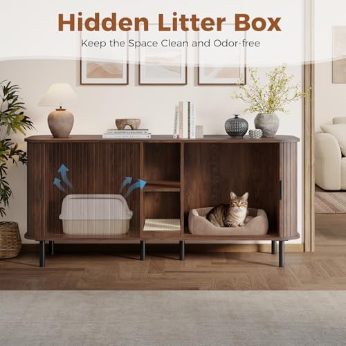58" Double Cat Litter Box Enclosure, Large Hidden Litter Box Furniture for 2 Cats with Cat Scratch Pad, Mid Century Modern Indoor Cat House with Double Room, TV Stand, Side Table, Walnut
