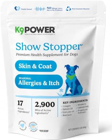 K9Power Show Stopper – Awarded #1 Dog Skin & Coat Product – Supports Allergy Relief, Itchy Skin, Shedding, Dull Coat – Salmon Oil, Collagen, Kelp, Zinc, Probiotics, Beet Juice, Vitamin C