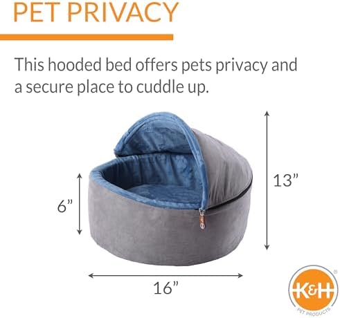 K&H Pet Products Self-Warming Kitty Bed Hooded Pet Bed for Cats or Dogs Blue/Gray Small 16 Inches