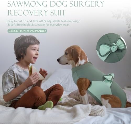 SAWMONG Zipper Recovery Suit for Dogs, Cotton Dog Surgery Suit Female Spay Pet Male Breathable, Neuter Onesie Bodysuit Prevent Licking Wounds, Substitute E-Collar & Cone(Green, 3X-Large)
