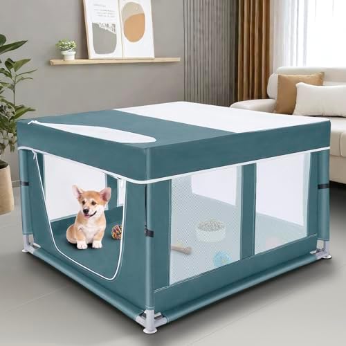 Dog Kitten Playpen with Cover, 42x42 x25.5 Puppy Playpen for Small Pet with See-Through Topper Proof, Green