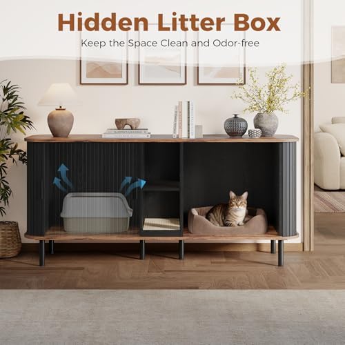 58'' Double Cat Litter Box Enclosure with Sliding Door, Black