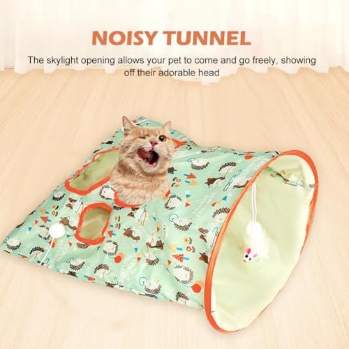 SYCOOVEN Cat Tunnel Bag for Indoor Cats, Pet Collapsible Tunnel Crinkle Sack Bag with 1 Little Mouse & Toy Ball, Crinkle Paper Interactive Cat Toys Hide and Seek(Green Pattern)