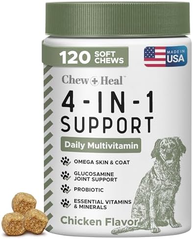 All in 1 Dog Vitamins and Supplements, 120 Soft Chew Multivitamins with Glucosamine, Probiotics, Omega Fish Oil -for Skin, Coat, Hip, Joint & Gut Health -Senior, Puppy, Large & Small Dogs
