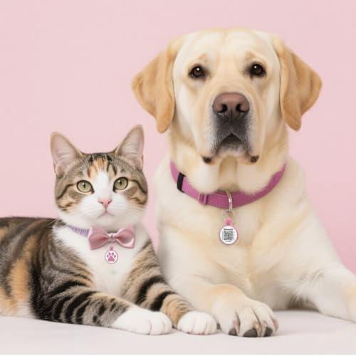 QR Code Cat Tag, Modifiable Pet Online Profile Page, Multiple Emergency Contact, Silent Silicone, Lightweight, No Jinging, Collar Accessories, QR Cat ID Tag (Small Breeds - 1", Rose)