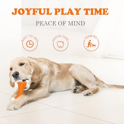 Kseroo Indestructible Dog Toys for Aggressive Chewers: Peanut Butter Flavored Hard Nylon Bone Chew Toys, Tough Dog Chew Toys for Large Dogs, Dog Toys to Keep Them Busy for Medium Large Breed, Orange