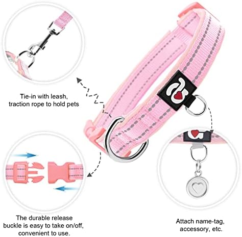 azuza Reflective Dog Collar, Neoprene Padded Medium Dog Collar, Pink, M