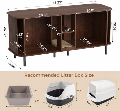 58" Double Cat Litter Box Enclosure, Large Hidden Litter Box Furniture for 2 Cats with Cat Scratch Pad, Mid Century Modern Indoor Cat House with Double Room, TV Stand, Side Table, Walnut