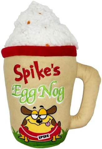 Huxley & Kent Funny Dog Toy w/Squeaker – Holiday Power Plush Squeaky Dog Toys for Small, Medium & Large Dogs – Soft Stuffed Animal for Indoor Play & Fetch - Spikes Egg Nog, Small