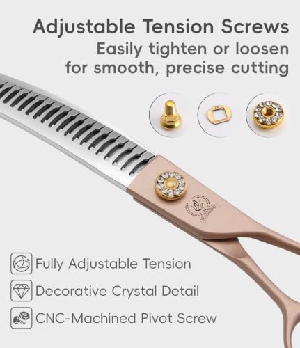 Professional Curved Chunker Dog Grooming Scissors 7.0'' Rose Gold Thinning Shears Extremely Sharp Blades 440C Stainless Steel Thinning Shears Durable Smooth Fine Cut for Dogs and Cats.