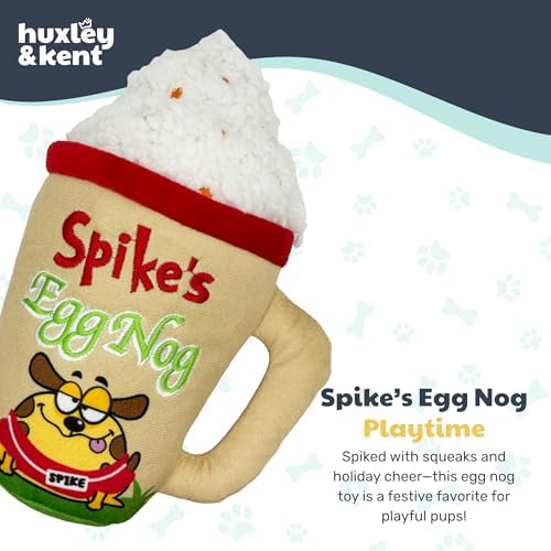 Huxley & Kent Funny Dog Toy w/Squeaker – Holiday Power Plush Squeaky Dog Toys for Small, Medium & Large Dogs – Soft Stuffed Animal for Indoor Play & Fetch - Spikes Egg Nog, Small