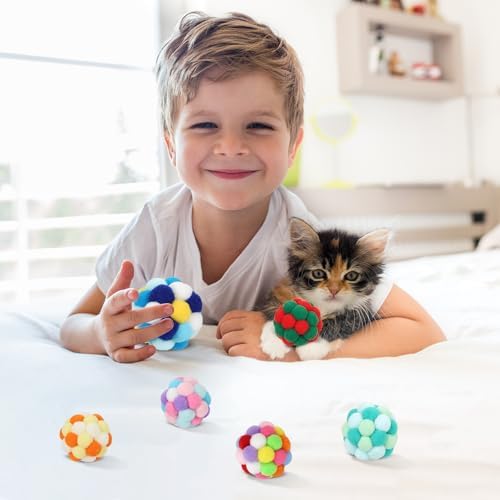 TUSATIY Interactive Cat Ball Toy, 6PCS Fuzzy Kitty Balls with Bells,Cats Pom Pom Balls for Kittens to Keep Busy,Colorful Cat Chew Toys for Indoor Cats