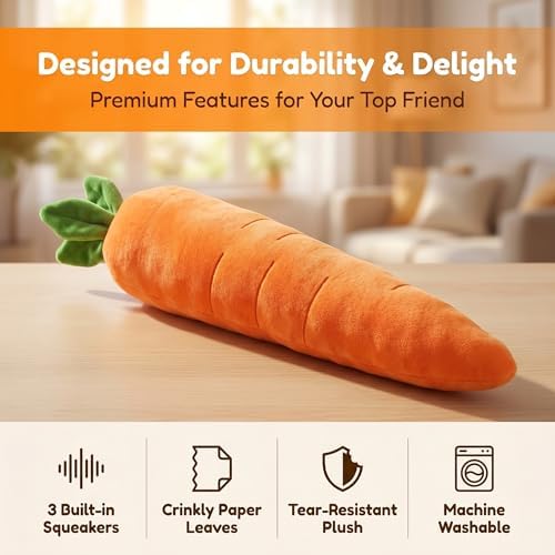 Giant 29.5" Carrot Plush Dog Toy, Long Lasting Squeaky & Crinkle Chew Toy for Boredom, Hypoallergenic Calming Stuffed Puppy Toy for Large Dogs, Cute Pet Gift for Interactive Indoor Play(1)