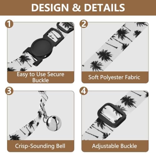Black Palm Trees White Collar with Bell for Dog Puppy 2 Pack Kitten Collars Adjustable Length 10.6" to 17.1"