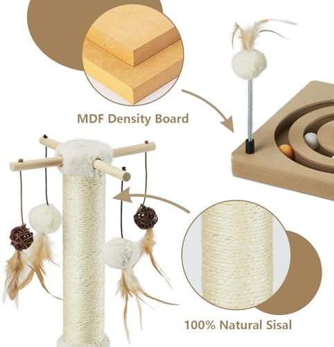 PEEKAB Cat Scratching Post Sisal Scratch Posts for Indoor Cats and Kittens,with Tracking Ball Interactive Toys and Hanging Balls 25 Inches Beige