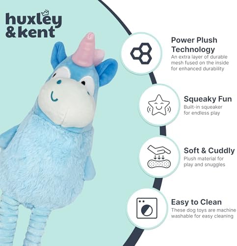 Huxley & Kent Funny Dog Toy w/Squeaker – Power Plush Squeaky Dog Toys for Small, Medium & Large Dogs – Soft Stuffed Animal for Indoor Play & Fetch - Squeak to Crunch - Lankies Luna Unicorn, Small