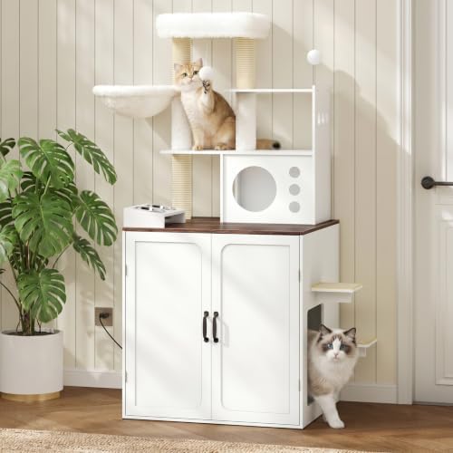 HOOBRO Modern Automatic Litter Box Enclosure with Charging Station, Large Cat Litter Boxes Furniture for Self-Cleaning Litter Boxes, All-in-One Dog Proof Feeding Station, White and Walnut WH69UMZ03