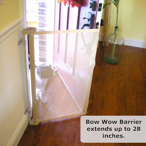 Bow Wow Barrier 28-Inch White Retractable Exterior-Door Barrier for Pets | USA-made Smart Retract hardware-mounted barrier for exterior doors; opens with the door to help keep dogs & cats inside