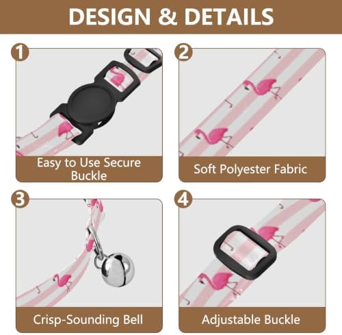 Pink Flamingos Stripes Cat Collar Breakaway with Bell 2 Pack Small Dog Collar Adjustable 10.6 to 17.1 Inches