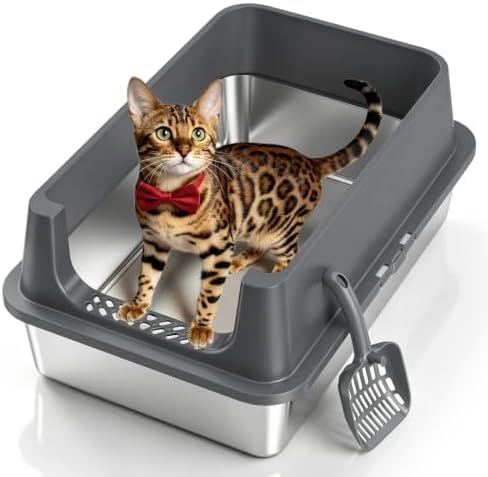 XL Open Top Stainless Steel Litter Box Large with High Sides,Gray