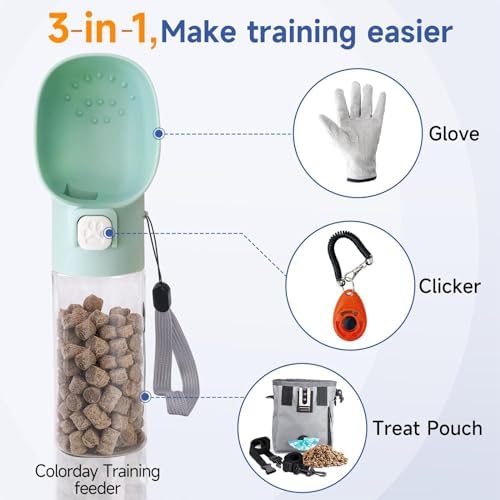 Colorday Handheld Dog Treat Dispenser Built-in Clicker & Treat Pouch, Hand Feeder for Puppy Training Walking Hiking Traveling (10 OZ, Green)