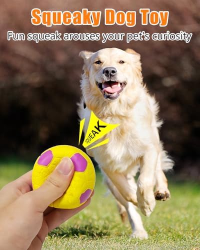 Squeaky Dog Balls, Interactive Funny Puppy Chew Toys for Fetch Play to Keep Them Busy, Latex Rubber Pet Tennis Soccer Ball Toy Bundle (4 Pack) for Medium Breed Dogs
