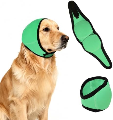 Dog Ear Cover for Noise Protection & Anxiety Relief, Adjustable No Shake Ear Wrap for Firework, Hematoma, Bathing, Swim, Grooming and Force Drying (Green, L(Head Size:18"-24"))