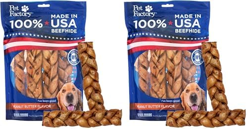 Pet Factory 7in Braided Beefhide Dog Chew Sticks with Peanut Butter Flavor - 100% USA Made Rawhide Chews for Medium Dogs,Long Lasting Dental Health,7 inches,6 Count (Pack of 2)