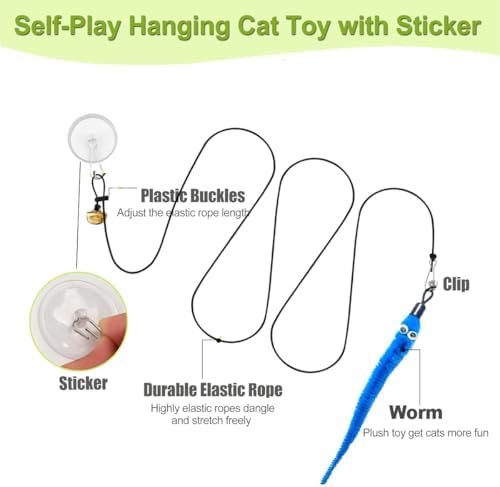 Door Hanging Cat Toys with Suction Cups, Interactive Hanging Feather & Plush Cat Toy with Bell, Assorted Replaceable Refills for Indoor Kitten Hunting Exercise & Boredom Relief (caterpillar)