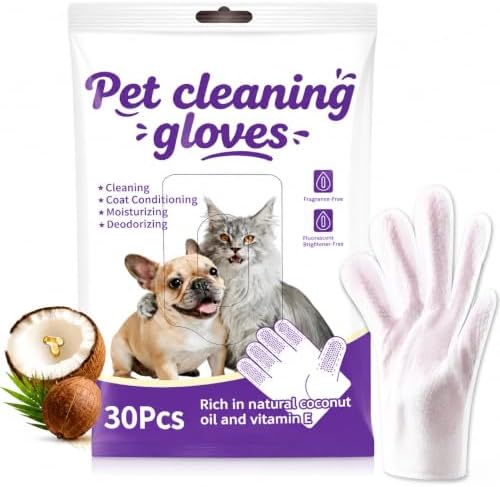 Pet Glove Wipes for Dogs & Cats, 30Pcs Deodorizing Cleaning Gloves with Coconut Oil, Vet Recommended Hypoallergenic Bathless Grooming Wipes for Paws, Body & Ears, No-Rinse