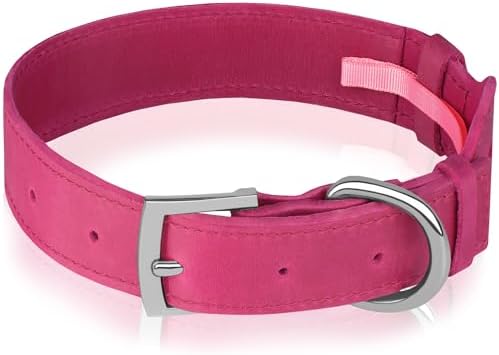 Leather Dog Collar with Airtag Holder - Apple Air Tag Dog Collars - Soft Tracking GPS Pet Collar for Small Medium Large Dogs Breed Puppy (Pink, XL, 19"-24" Neck Fit)