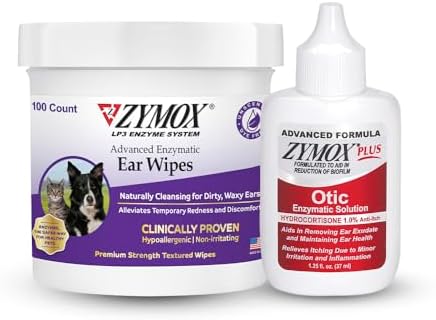 Zymox Enzymatic Ear Wipes and Otic Plus Advanced Ear Solution for Dogs and Cats - Product Bundle - for Dirty, Waxy, Smelly Ears and to Soothe Ear Infections, 100 Count Wipes and 1.25oz Bottle