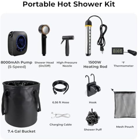 8000mAh Portable Camping Shower with 1500W Immersion Heater, IPX8 Waterproof Rechargeable Shower Pump, Foldable Bucket, All-in-One Outdoor Shower Kit for Camping RV Hiking Dog Bathing