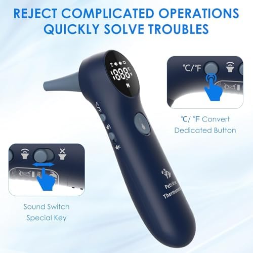 Pet Ear Thermometer for Dogs, Cats, and Livestock, Long Probe Designed, ℃/ ℉ Convert and Sound Switch Dedicated Button, 1 Second Measurement, 20 pcs Pet Swabs Included(Blue)