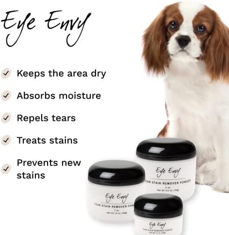 Eye Envy Tear Stain Remover Powder for Dogs and Cats. Natural, Safe Formula. Apply Around Eyes. Absorbs and Cleans Tears and Staining. Keeps Area Dry. Made in The USA. (2.5 oz)