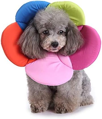 Dog Cone E-Collar Flower Soft Elizabethan Waterproof Grooming Recovery Protective Adjustable Collar for Puppy Small Medium Dogs (S Neck: 9-11in, Rainbow)