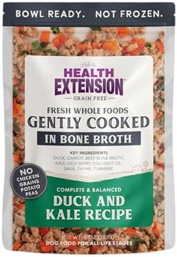 Health Extension Gently Cooked Grain-Free Duck & Kale Dog Food, Human-Grade & Shelf-Stable with Superfoods, Supports Digestion, Immunity, Skin & Coat, 9 oz Pouch (Pack of 1)