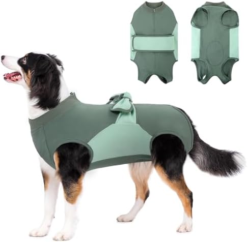 SAWMONG Recovery Suit for Dogs, Cotton Dog Surgery Suit Female Spay Pet Male Breathable, Zipper Neuter Onesie Bodysuit Prevent Licking Wounds, Substitute E-Collar & Cone(Green, Large)