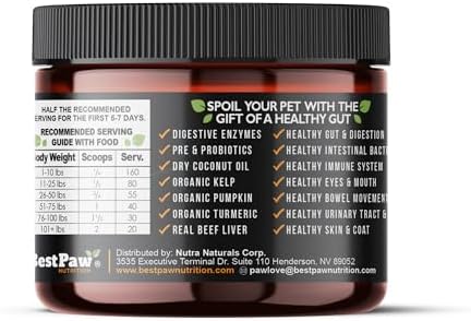 Best Paw Nutrition Probiotics for Dogs | Digestive Enzymes and Probiotics Powder | Beef Liver Flavor | Pumpkin, Turmeric and Prebiotic FOS | Gut Health Food Topper for Dogs and Cats | 6.5oz