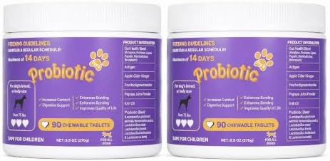 Dog Probiotic Chewable Tablets with Prebiotic, Apple Cider Vinegar & Papaya Powder, Pork Flavor Daily Digestive Supplement for All Breeds Dogs, 90 Count