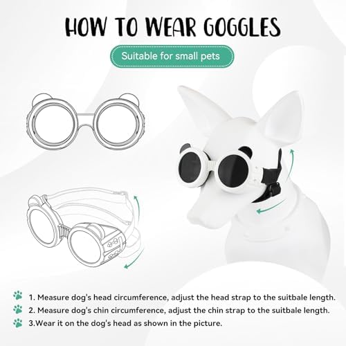 Dog Goggles for Small Dogs, Cute Cat Sunglasses, Anti-UV Windproof Dustproof Anti-Fog Pet Goggles with Adjustable Strap for Puppy Kitten Small Breeds, White