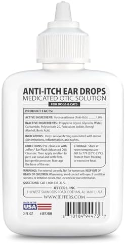 Jeffers Anti-Itch Ear Drops for Dogs & Cats, 2 fl oz -1% Hydrocortisone Otic Solution, Soothes Itchy Ears, Supports Ear Comfort & Hygiene, Clean & Refreshes, Safe for Puppies, Kittens, Adult Pet