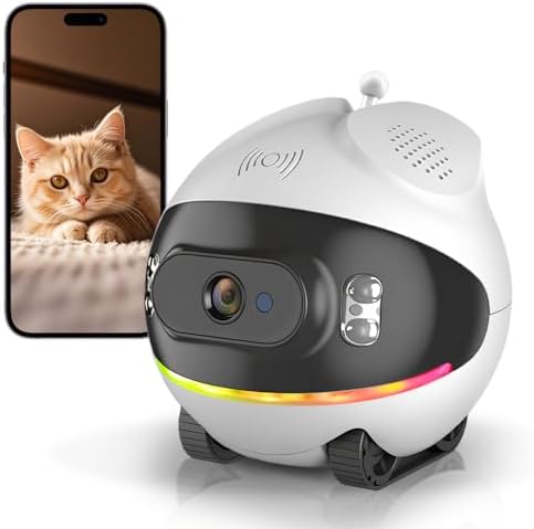 Pet Camera Robot with Cat Teaser: Battery-Operated, Movable with Phone App, 2-Way Talk, Video/Photo, Night Vision