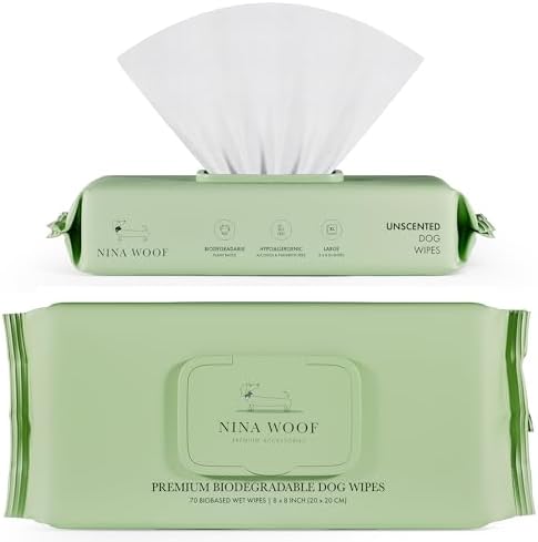 Nina Woof Dog Wipes – Fragrance-Free, Alcohol-Free, Hypoallergenic Pet Grooming Wipes with Aloe Vera, Biodegradable, for Dogs & Cats: Paws, Face, Ears & Butt – (70 Count)