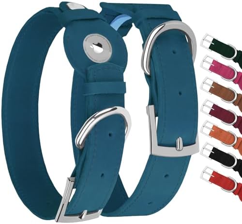 Leather Dog Collar with Airtag Holder - Apple Air Tag Dog Collars - Soft Tracking GPS Pet Collar for Small Medium Large Dogs Breed Puppy (Smoky Blue, L, 15"-19" Neck Fit)