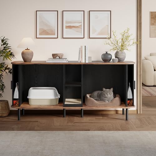 58'' Double Cat Litter Box Enclosure with Sliding Door, Black