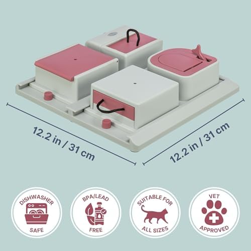 TRIXIE Cat Activity Poker Box Strategy Game – Interactive Puzzle Toy with 4 Modules – Treat Puzzle Feeder for Mental Stimulation & Slow Feeding – Pink/Gray, 12.2 x 12.2 x 2.5 in